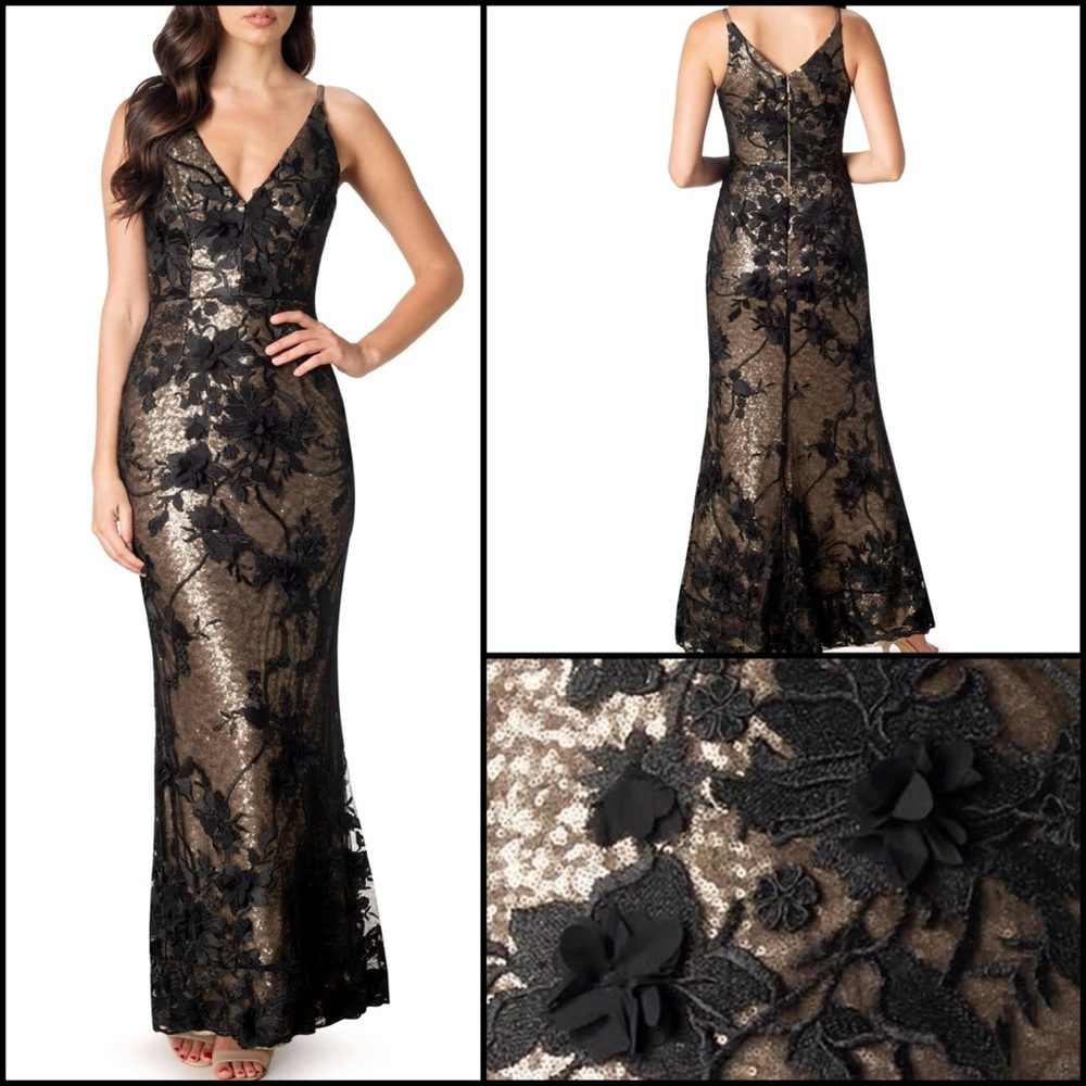 Dress the Population Sharon Black Gold Metallic 3D Floral Dress Gown Sequin XS